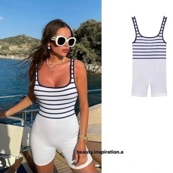 NWT Zara Navy & White Striped Ribbed Tank Bodysuit Sz XS-S - Picture 1 of 12